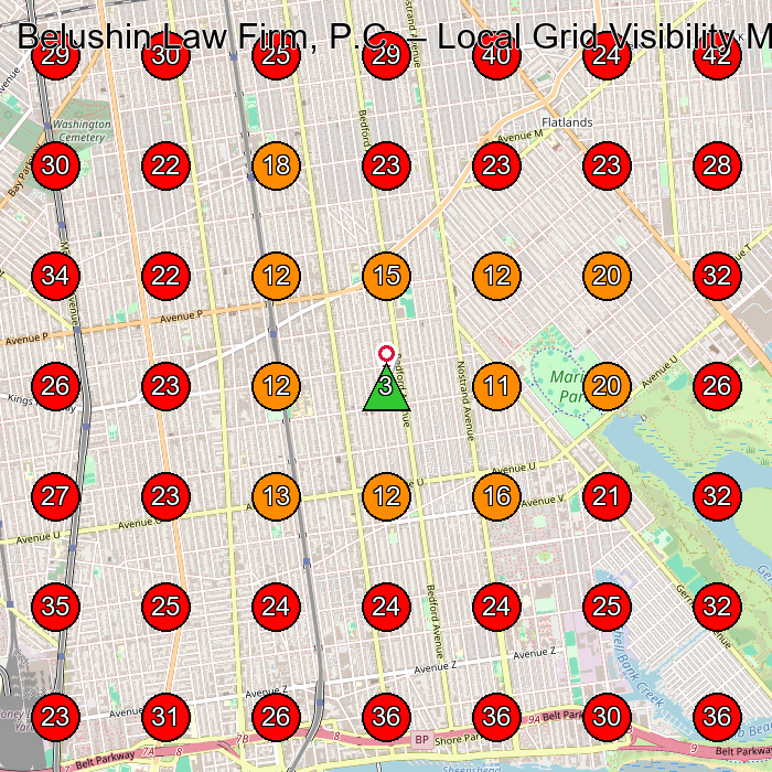 Belushin Law Firm, P.C. GeoGrid visibility map for Personal Injury Attorney in Brooklyn